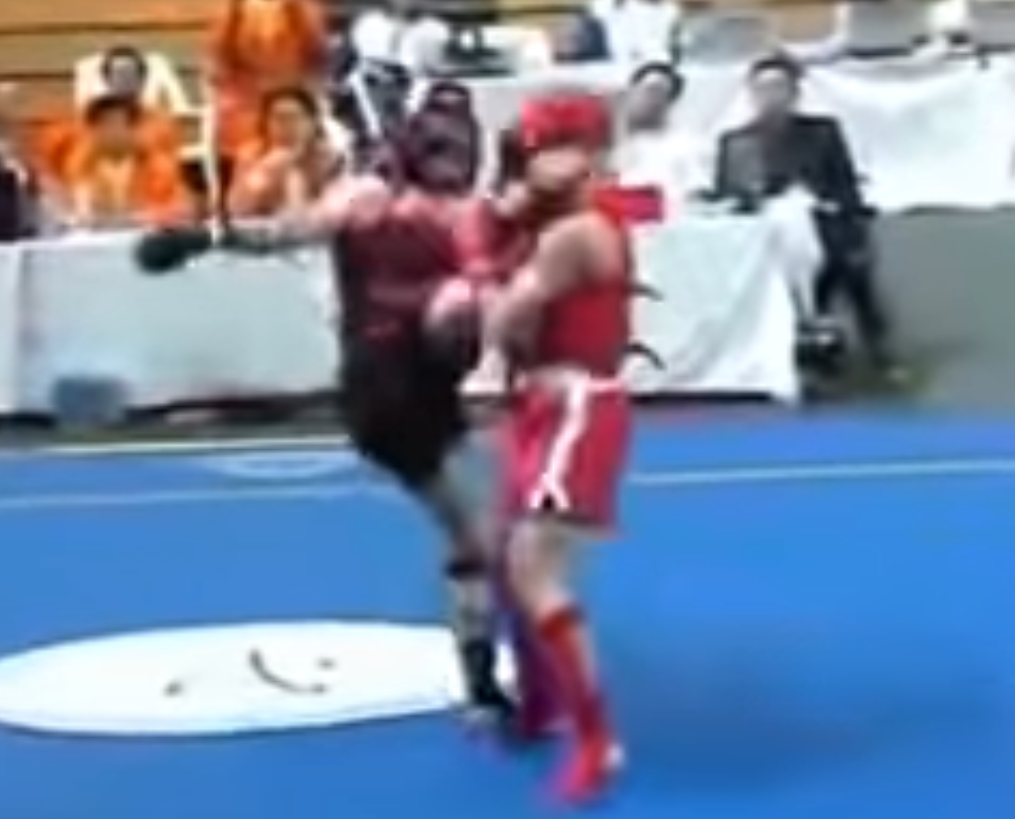 Sanshou competitor kicks opponent in the head