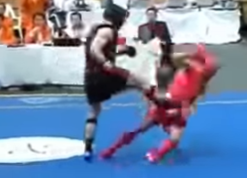 Sanshou competitor punches opponent that is holding his leg, knocking him out. 