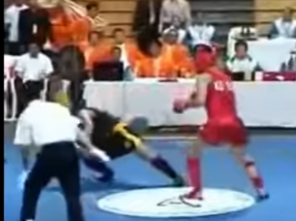 Sanshou competitor knocks out opponent with side kick to face.