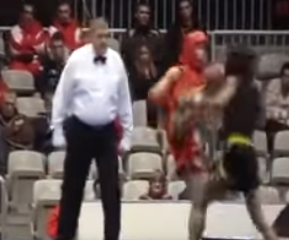 Sanshou competitor kicks opponent in the face.