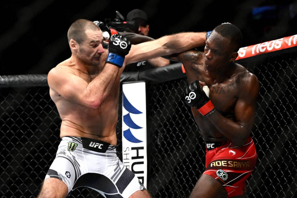 UFC 293 SYDNEY, Israel Adesanya of Nigeria (right) and Sean Strickland of the USA during the Middleweight Title bout of UFC 293 at Qudos Bank Arena in Sydney, Sunday, September 10, 2023.